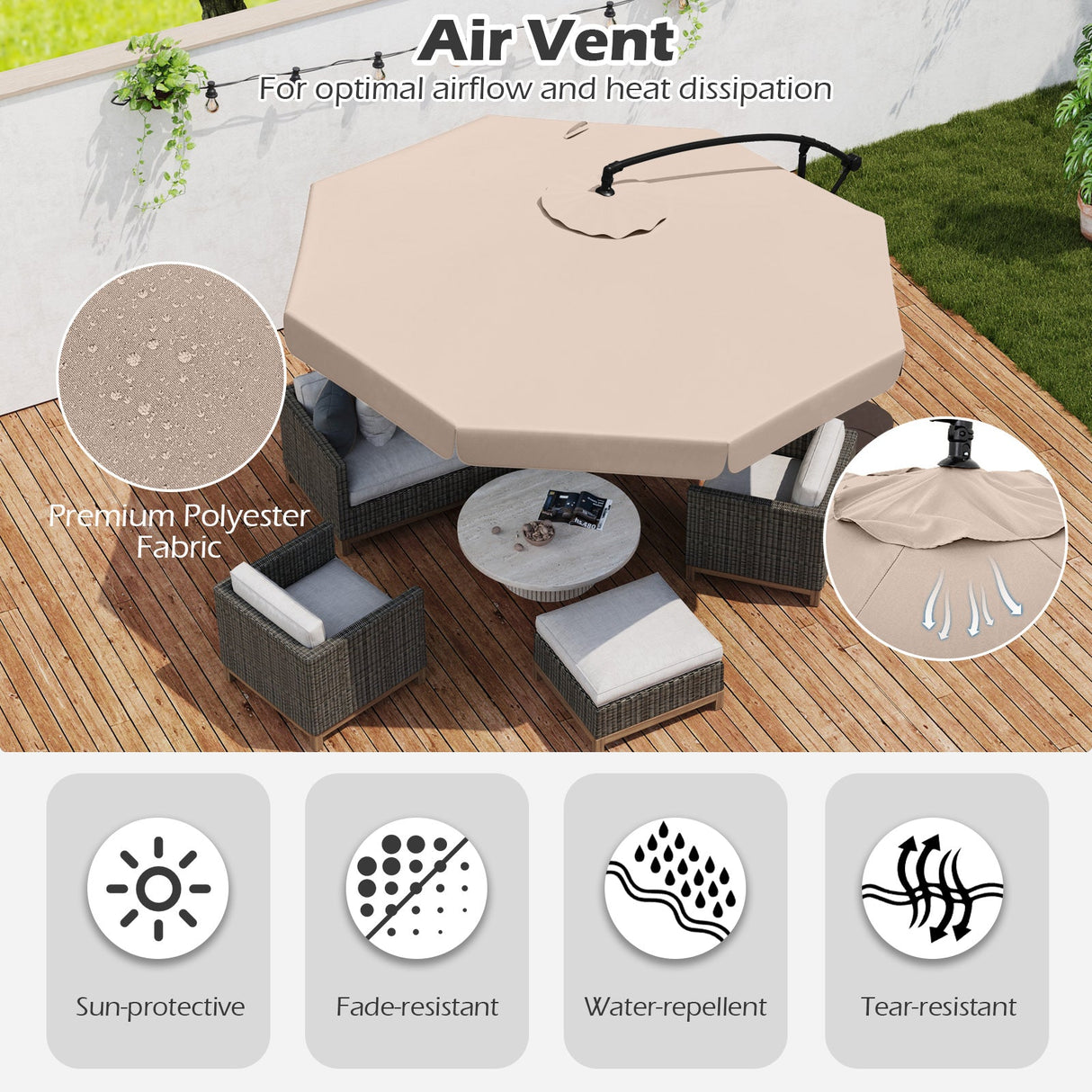 10 Feet Patio Cantilever Umbrella with Cover Tilt Adjustment and Ruffled Edge-Beige