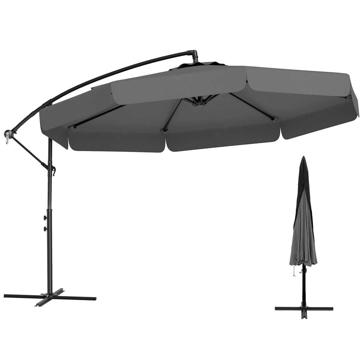 10 Feet Patio Cantilever Umbrella with Cover Tilt Adjustment and Ruffled Edge-Gray by DirectDeals