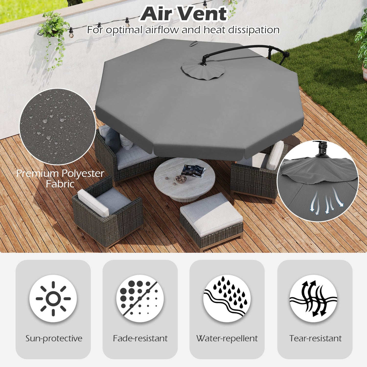 10 Feet Patio Cantilever Umbrella with Cover Tilt Adjustment and Ruffled Edge-Gray by DirectDeals