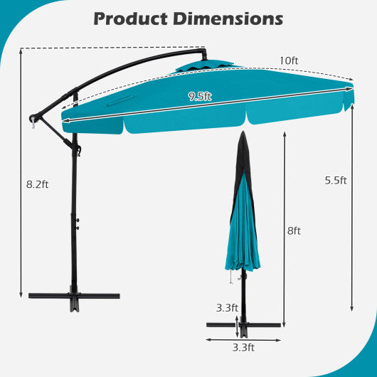 10 Feet Patio Cantilever Umbrella with Cover Tilt Adjustment and Ruffled Edge-Turquoise