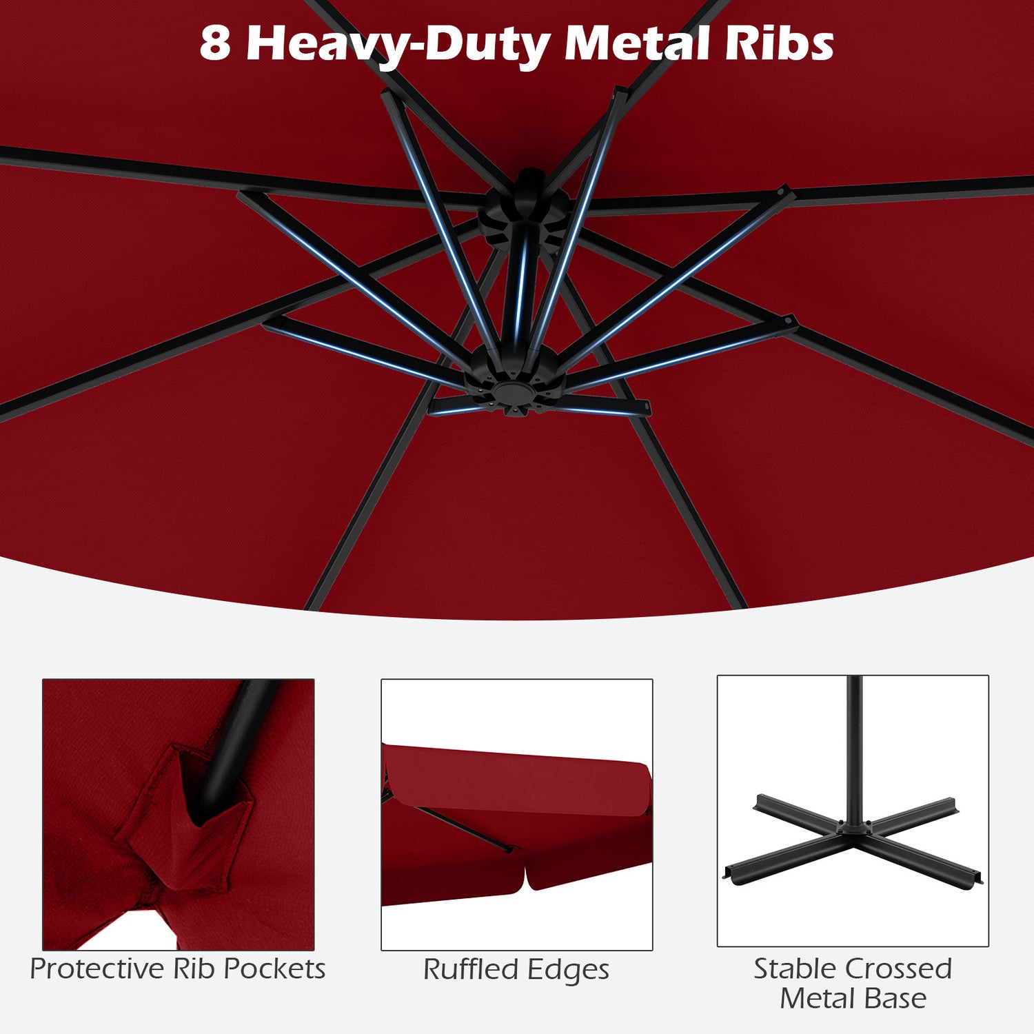10 Feet Patio Cantilever Umbrella with Cover Tilt Adjustment and Ruffled Edge-Wine