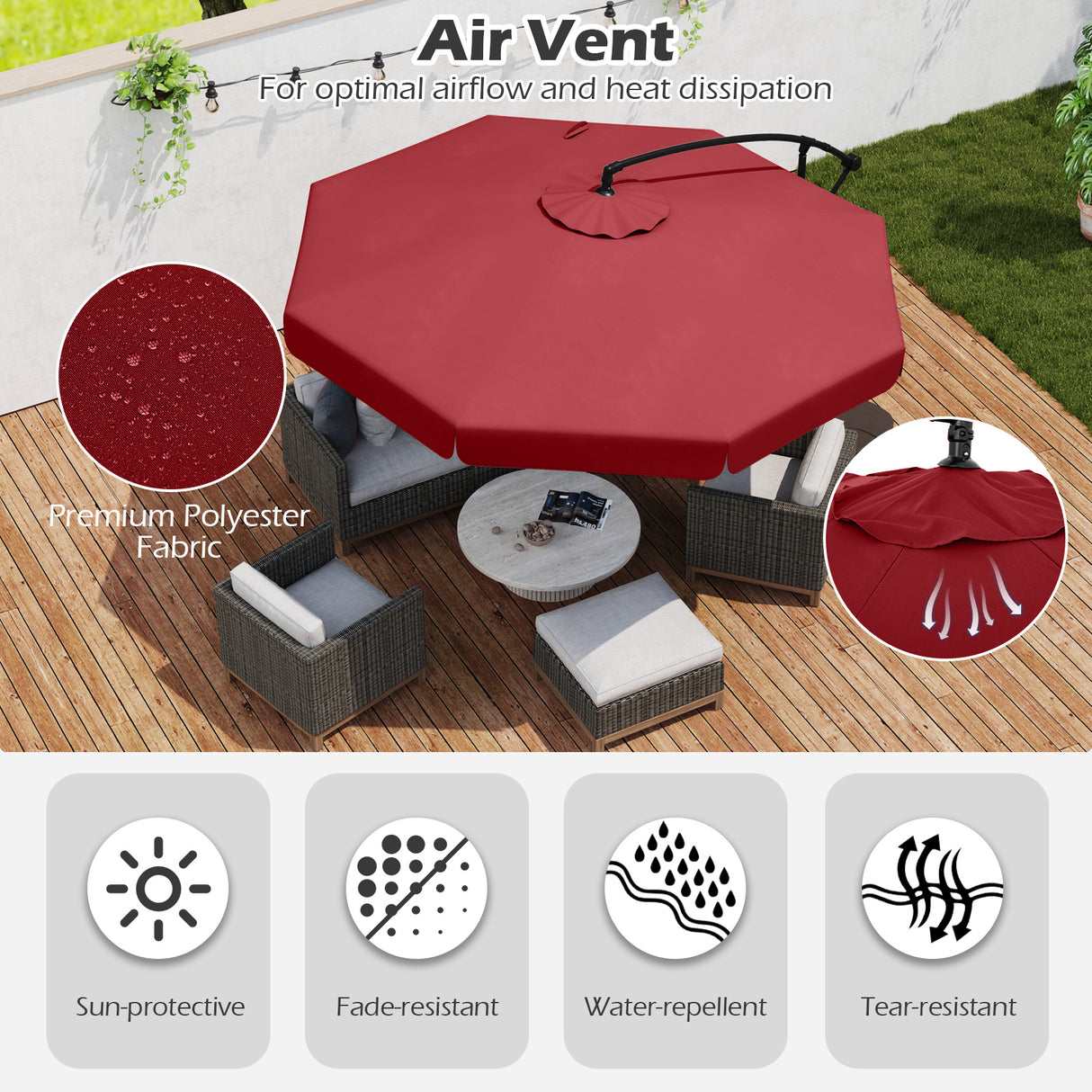 10 Feet Patio Cantilever Umbrella with Cover Tilt Adjustment and Ruffled Edge-Wine