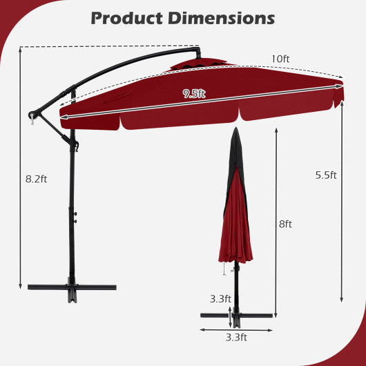 10 Feet Patio Cantilever Umbrella with Cover Tilt Adjustment and Ruffled Edge-Wine