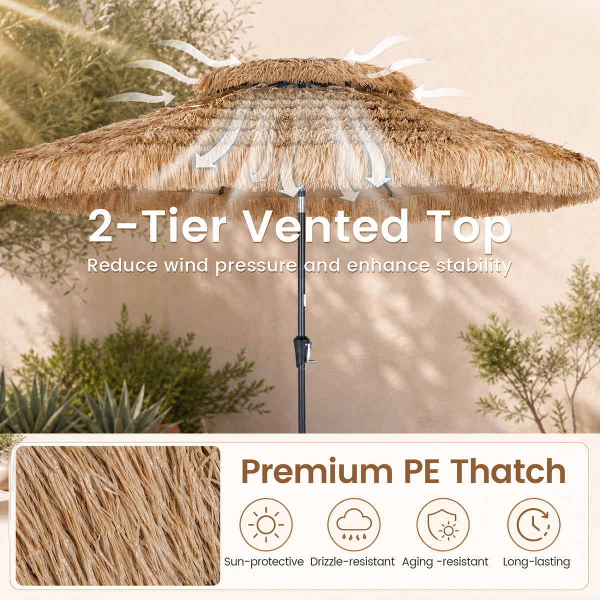 10FT and 2-Tier Tiki Patio Umbrella with 8 Ribs-Brown