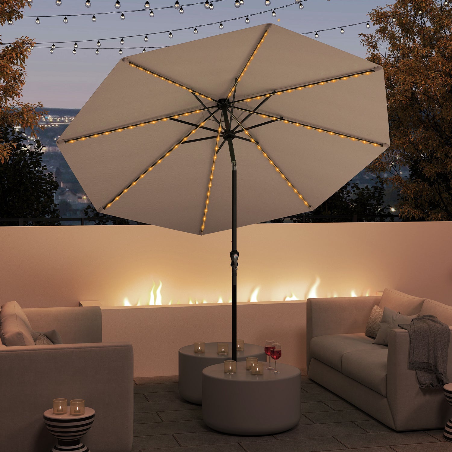 10 Feet Solar Patio Umbrella with 96 Multi-Colored Flowing LED Lights and Tilt Adjustment-Coffee