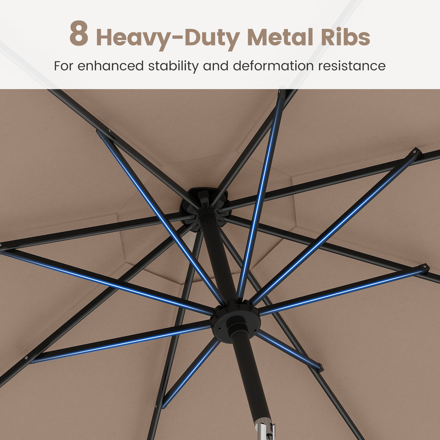 10 Feet Solar Patio Umbrella with 96 Multi-Colored Flowing LED Lights and Tilt Adjustment-Coffee