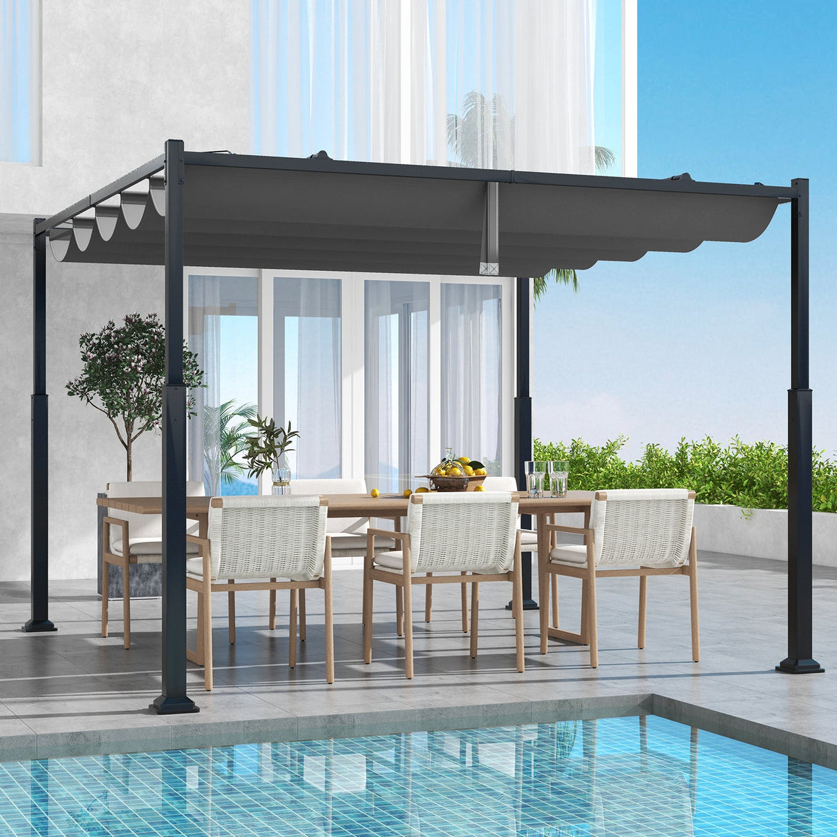 10 x 10 Feet Outdoor Pergola with Retractable Canopy and Metal Columns-Gray by DirectDeals