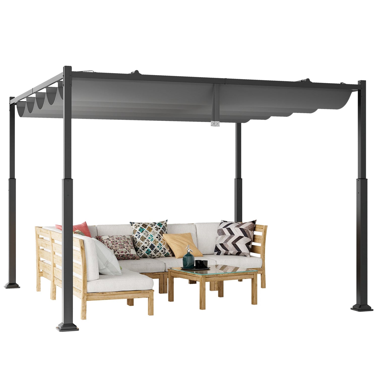 10 x 10 Feet Outdoor Pergola with Retractable Canopy and Metal Columns-Gray by DirectDeals