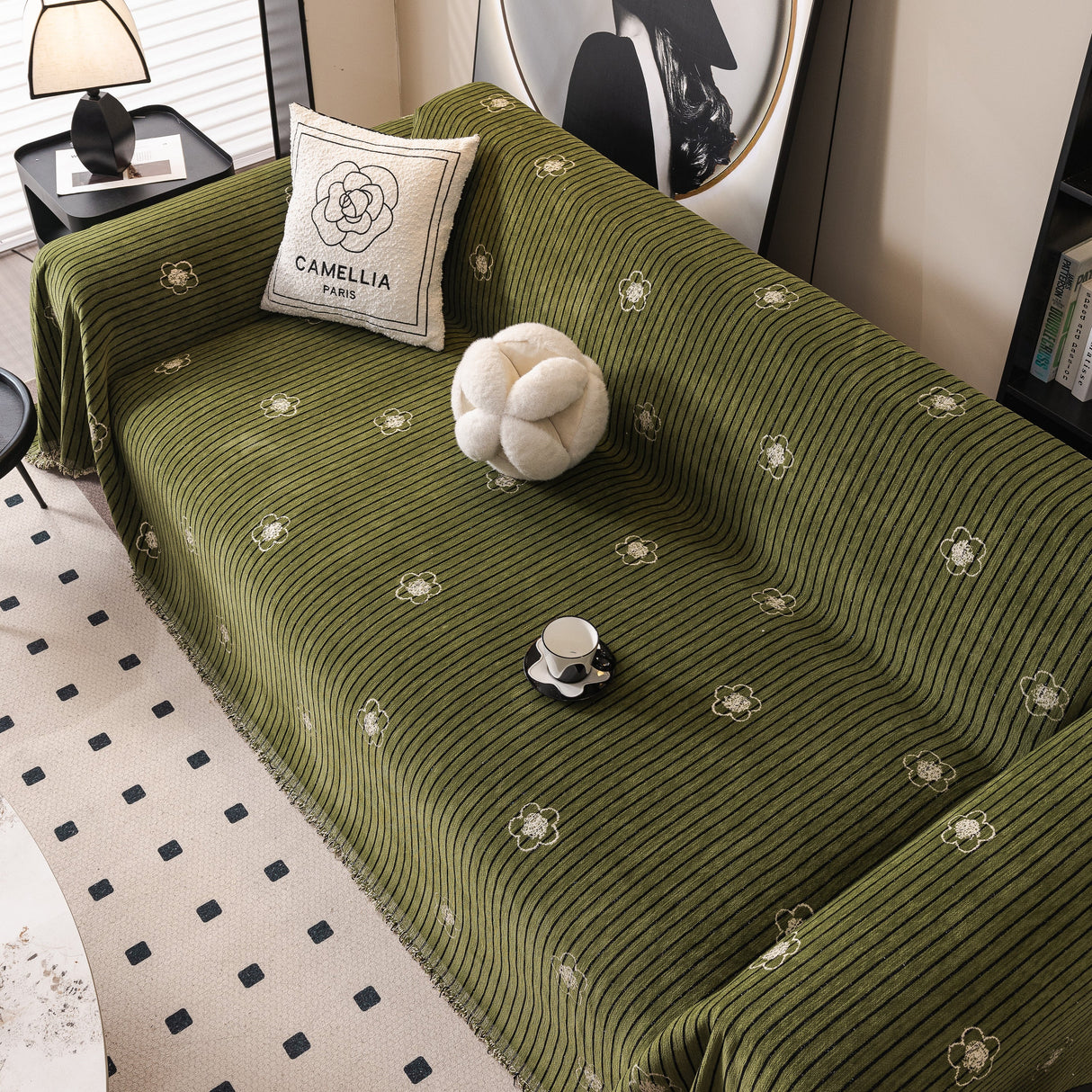 Chenille Camellia Floral Sofa Throw Cover Couch Blanket with Striped Jacquard