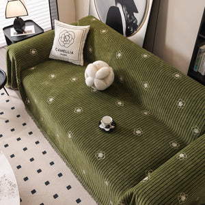 Chenille Camellia Floral Sofa Throw Cover Couch Blanket with Striped Jacquard