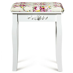 Vanity Wood Dressing Stool Padded Piano Seat with Rose Cushion-White