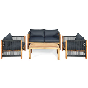 4 Pieces Acacia Wood Outdoor Patio Furniture Set with Cushions-Gray