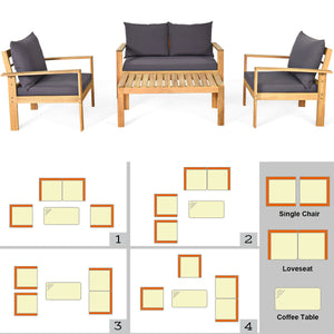 Outdoor 4 Pieces Acacia Wood Chat Set with Water Resistant Cushions-Gray