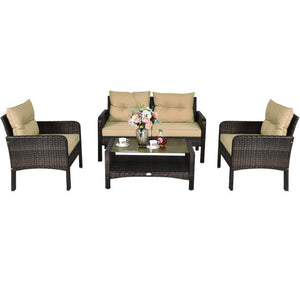 4 Pieces Outdoor Rattan Wicker Loveseat Furniture Set with Cushions-Coffee