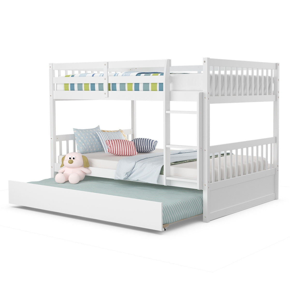 Full over Full Bunk Bed Platform Wood Bed with Ladder-White