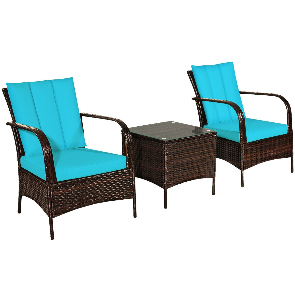 3 Pcs Patio Conversation Rattan Furniture Set with Glass Top Coffee Table and Cushions-Gray