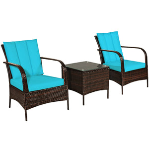 3 Pcs Patio Conversation Rattan Furniture Set with Glass Top Coffee Table and Cushions-Gray