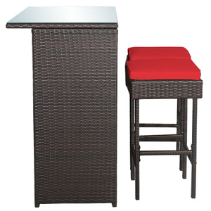 3-piece Rattan Wicker Bar Table Stools Dining Set Cushioned Chairs