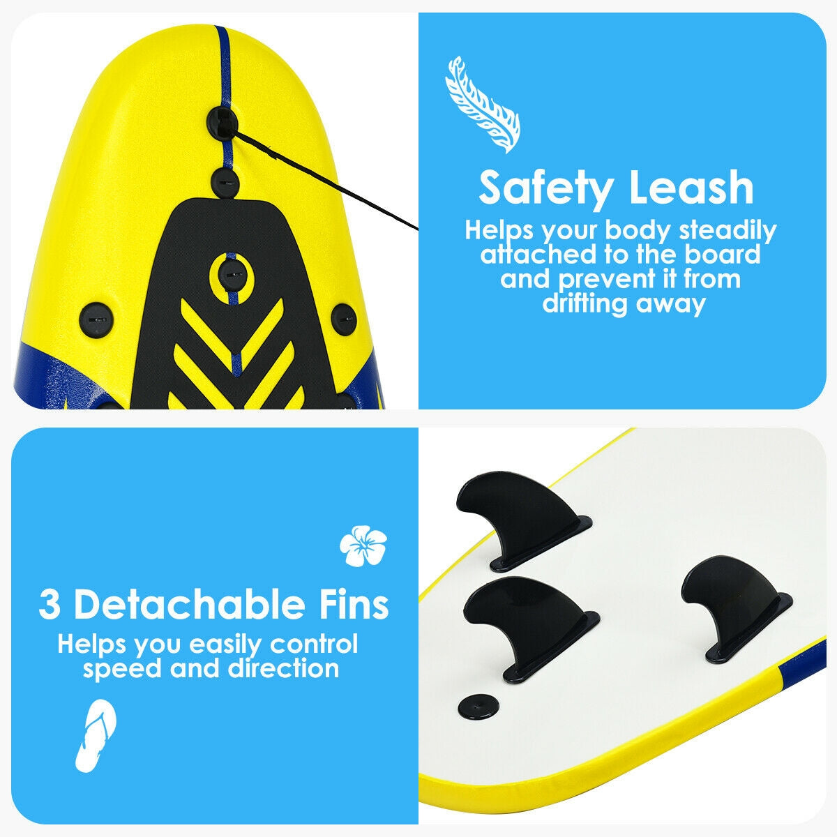 6 Feet Surfboard with 3 Detachable Fins-White