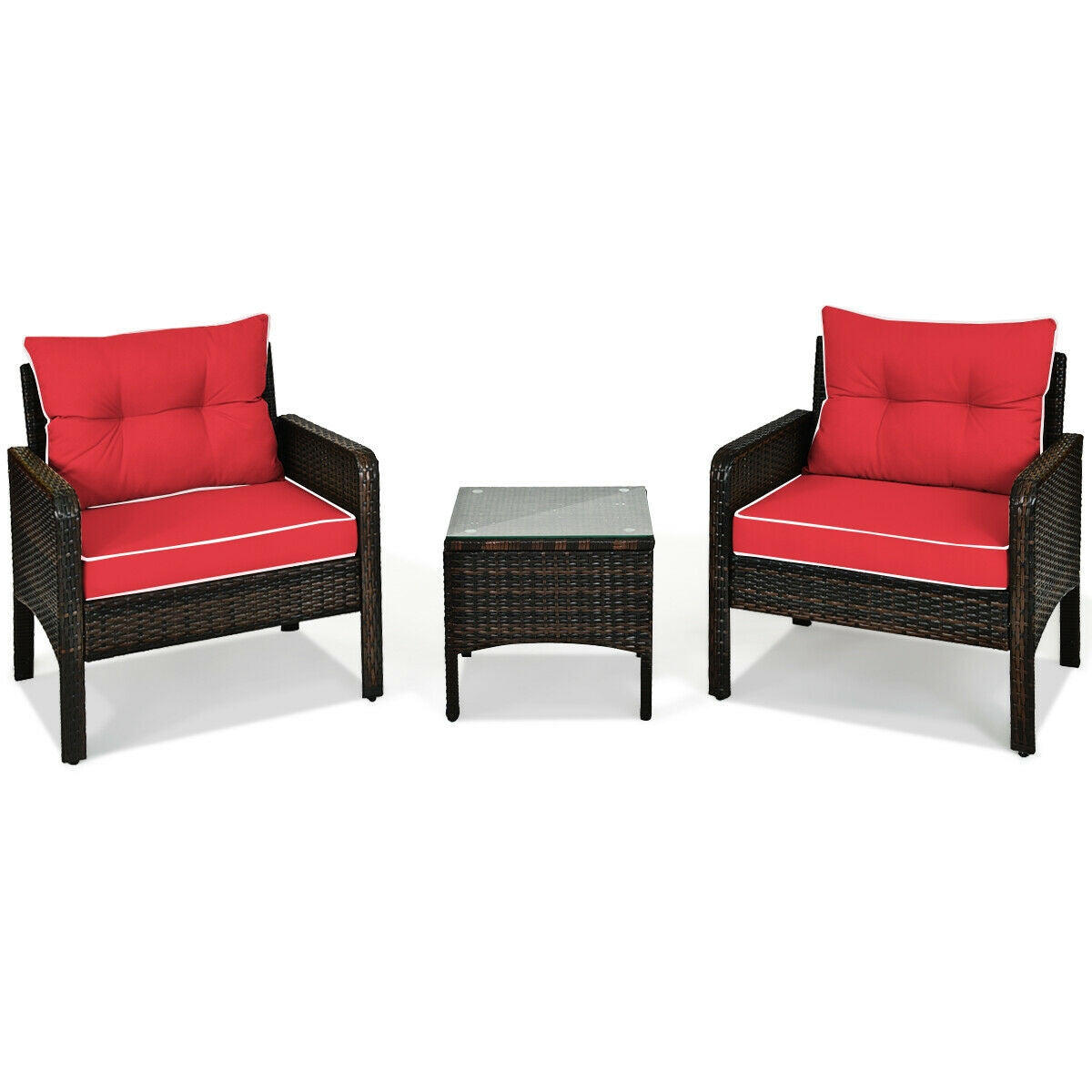 3 Pieces Outdoor Patio Rattan Conversation Set with Seat Cushions-Beige