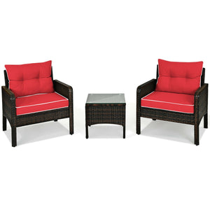 3 Pieces Outdoor Patio Rattan Conversation Set with Seat Cushions-Beige