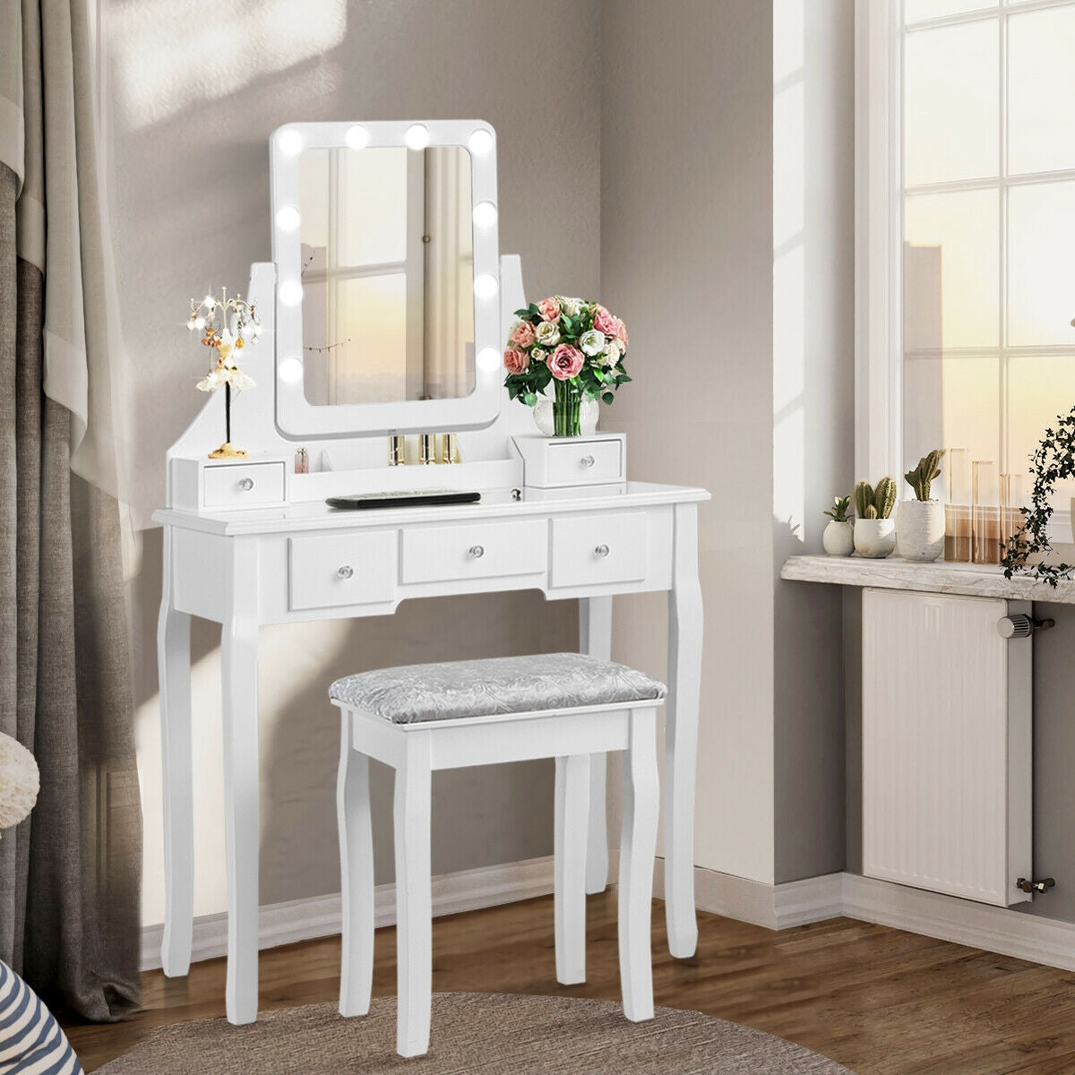Vanity Dressing Table Set with 10 Dimmable Bulbs and Cushioned Stool-Black