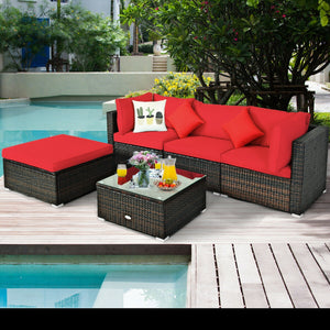 5 Pieces Outdoor Patio Rattan Furniture Set With Cushions-Beige