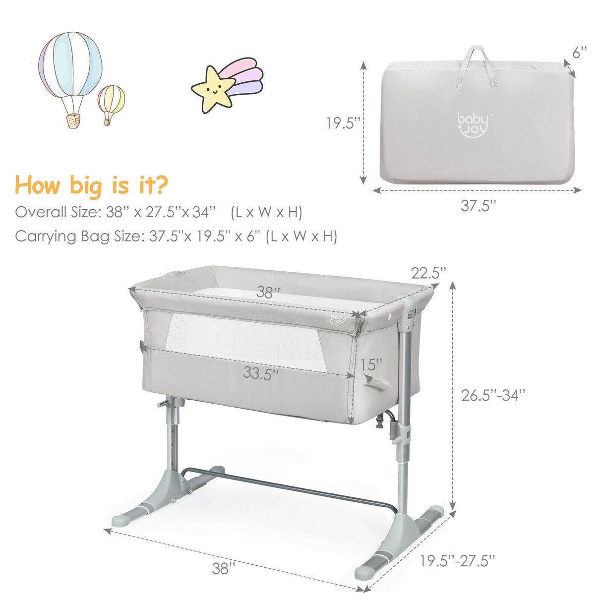 Travel Portable Baby Bed Side Sleeper  Bassinet Crib with Carrying Bag-Gray