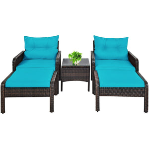 5 Pieces Patio Rattan Sofa Ottoman Furniture Set with Cushions-Red