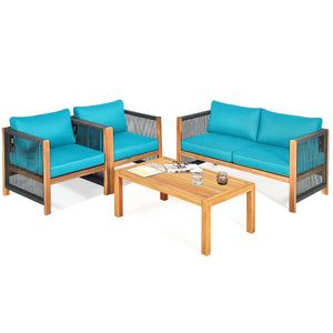 4 Pieces Acacia Wood Outdoor Patio Furniture Set with Cushions-Gray