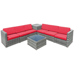 8 Pieces Wicker Sofa Rattan Dining Set Patio Furniture with Storage Table-Gray