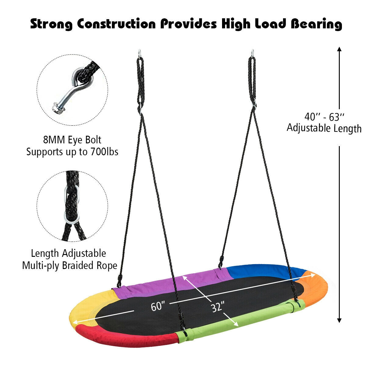 60 Inch Saucer Surf Outdoor Adjustable Swing Set-Blue+Black