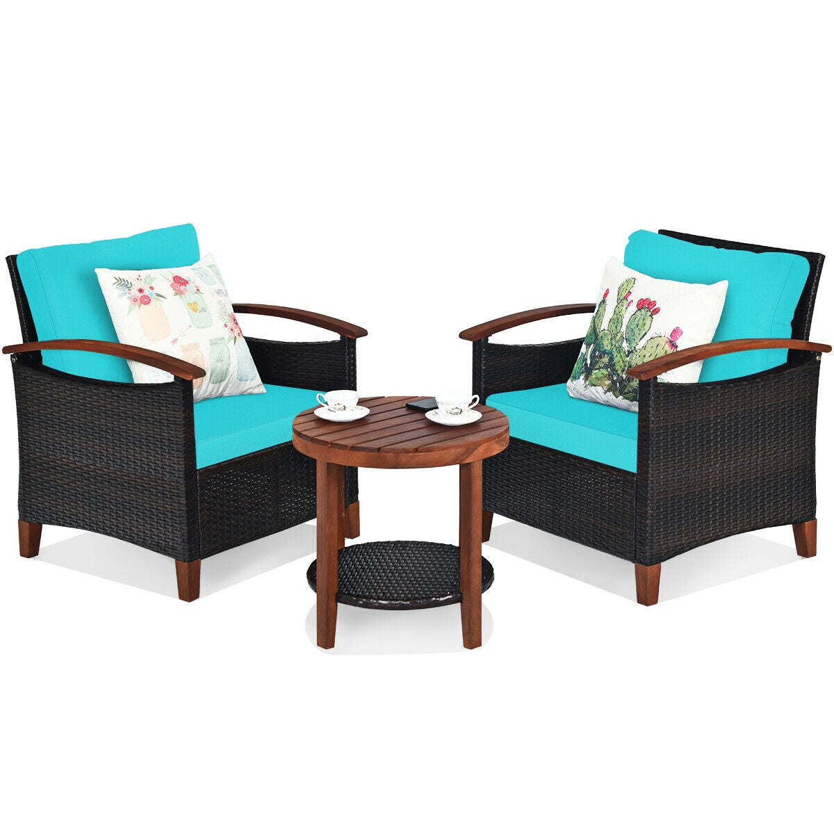 3 Pieces Patio Rattan Furniture Set with Washable Cushion and Acacia Wood Tabletop-Blue