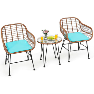3 Pieces Patio Rattan Bistro Set with Cushion-Turquoise