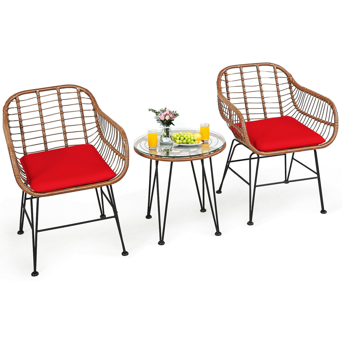 3 Pieces Patio Rattan Bistro Set with Cushion-Red