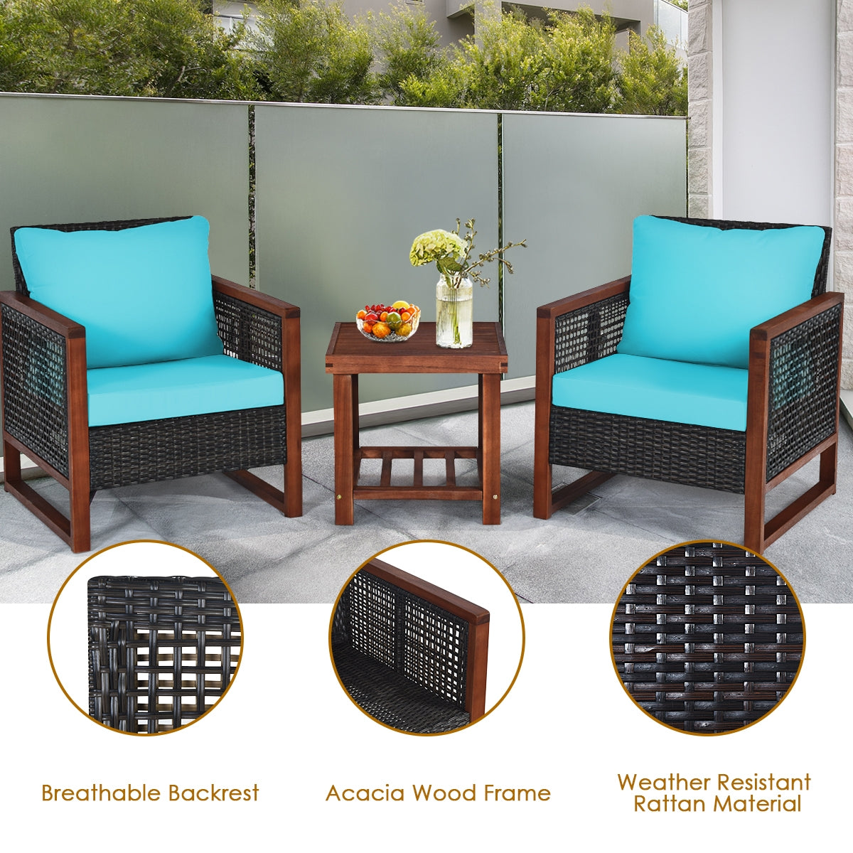 3 Pieces Patio Wicker Furniture Set with Washable Cushion and Acacia Wood Coffee Table-Beige