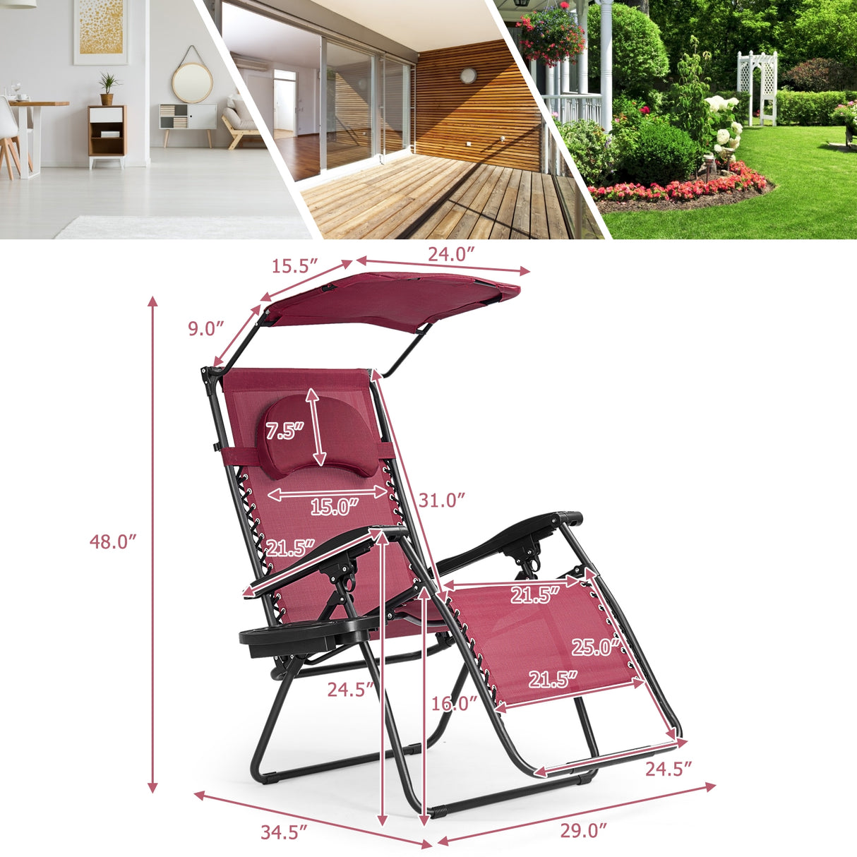 Folding Recliner Lounge Chair with Shade Canopy Cup Holder-Brown