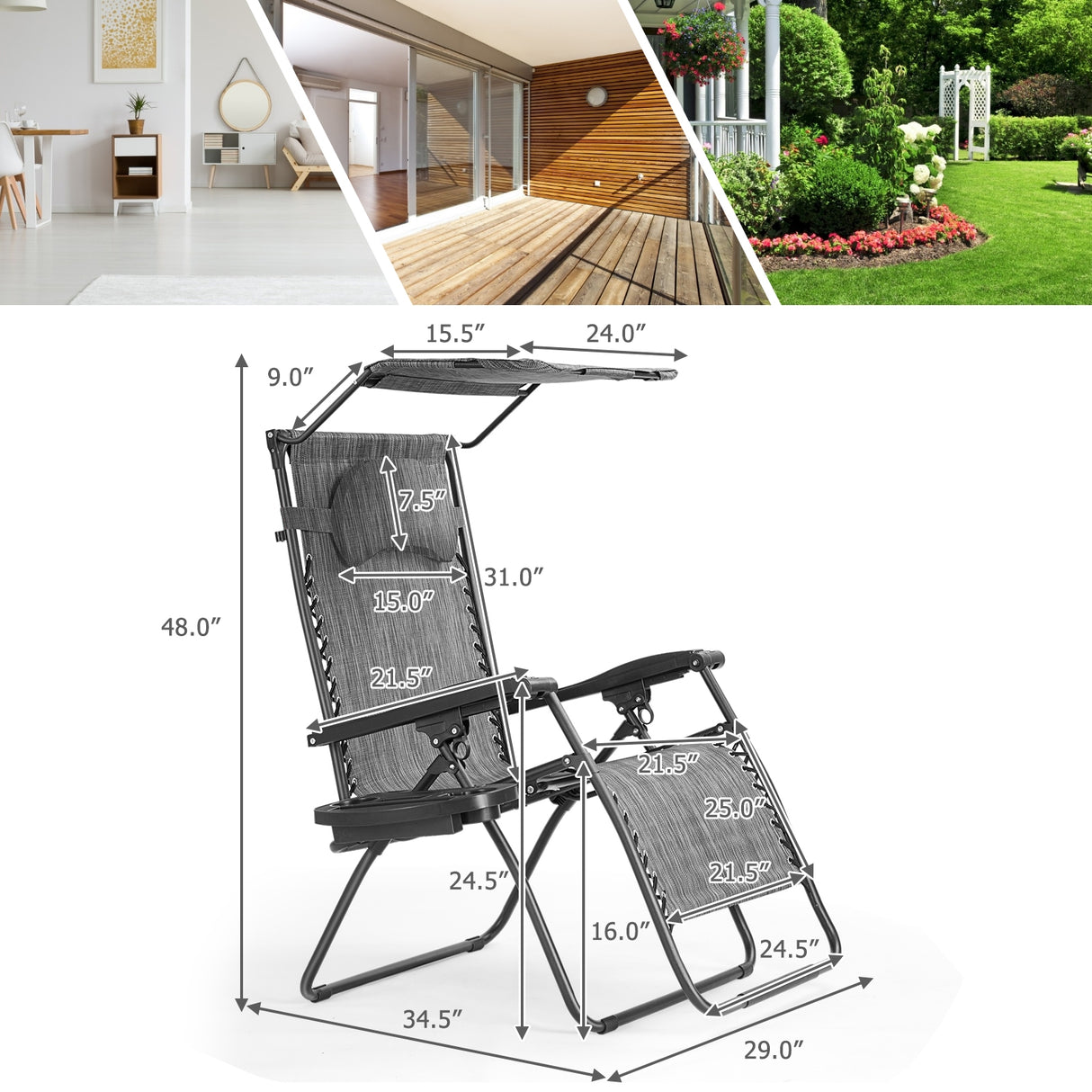 Folding Recliner Lounge Chair with Shade Canopy Cup Holder-Brown