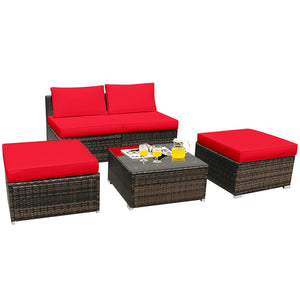 5 Pieces Patio Rattan Furniture Set with Cushioned Armless Sofa-White