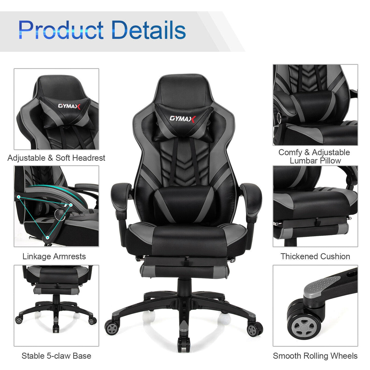 Adjustable Gaming Chair with Footrest for Home Office-Blue