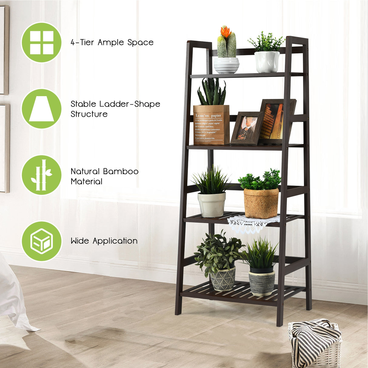 4-Tier Bamboo Plant Rack with Guardrails Stable and Space-Saving-Natural