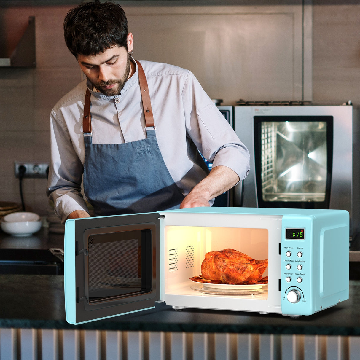 700W Retro Countertop Microwave Oven with 5 Micro Power and Auto Cooking Function-White