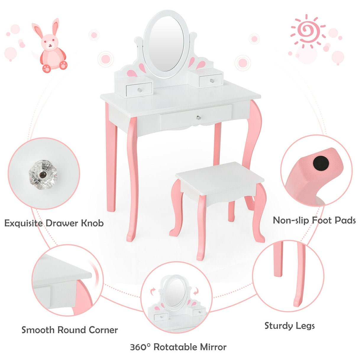 Kids Vanity Princess Makeup Dressing Table Stool Set with Mirror and Drawer-Pink