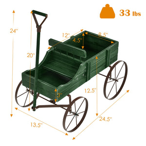 Wooden Wagon Plant Bed With Wheel for Garden Yard-Red