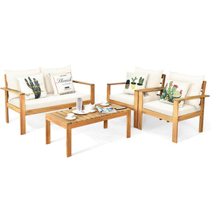 Outdoor 4 Pieces Acacia Wood Chat Set with Water Resistant Cushions-Gray