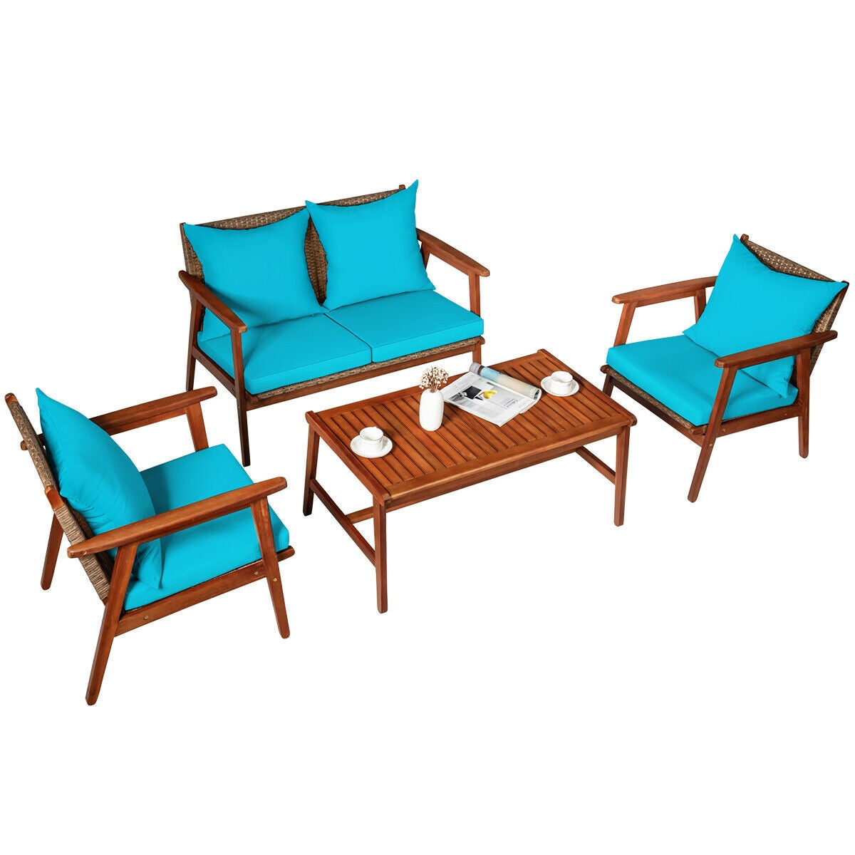 4 Pieces Acacia Wood Patio Rattan Furniture Set with Zippered Cushions-Brown
