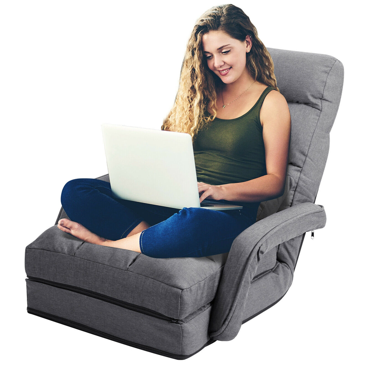 Folding Lazy Floor Chair Sofa with Armrests and Pillow-Gray