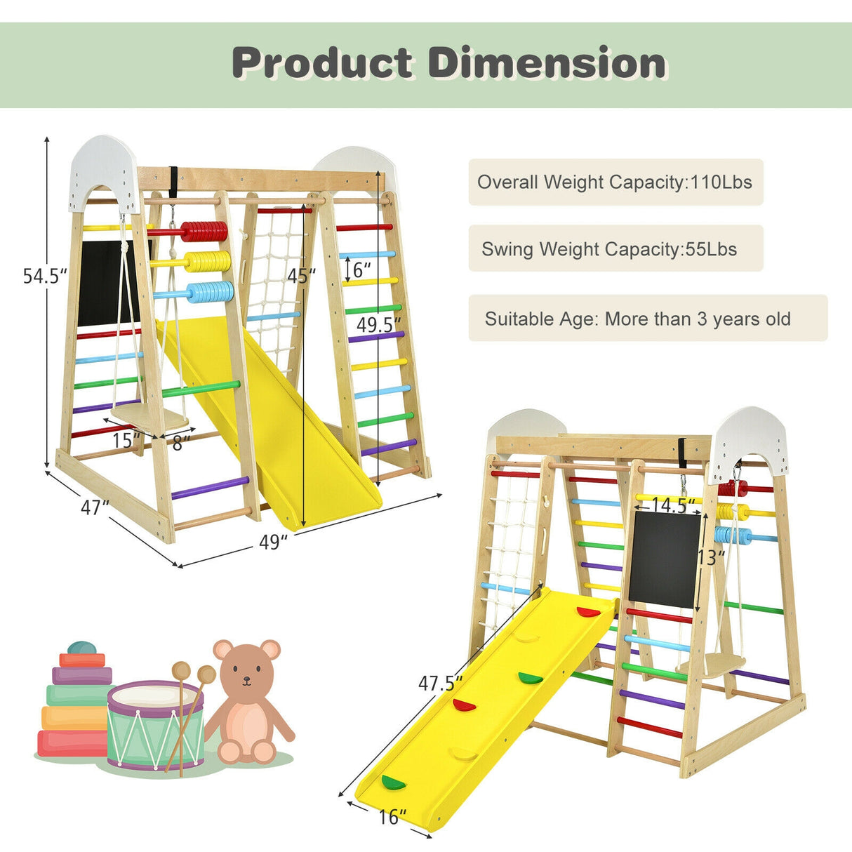 Indoor Playground Climbing Gym Wooden 8-in-1 Climber Playset for Children-Natural
