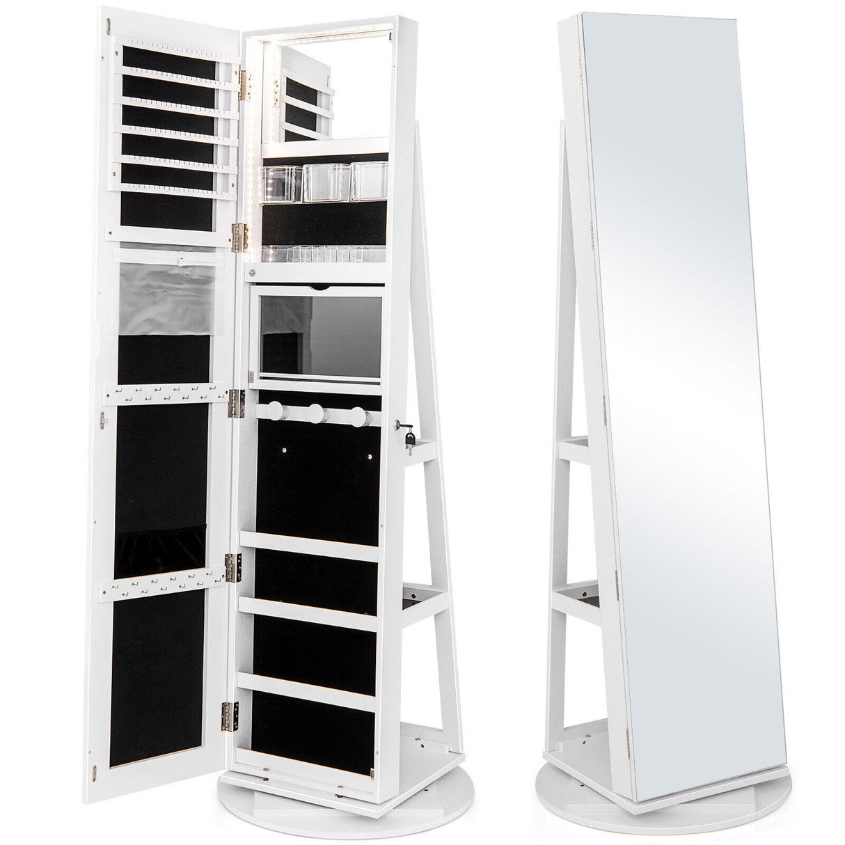 360 ° Rotating Mirrored Jewelry Cabinet Armoire 3 Color LED Modes Lockable-White