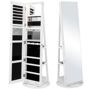 360 ° Rotating Mirrored Jewelry Cabinet Armoire 3 Color LED Modes Lockable-White
